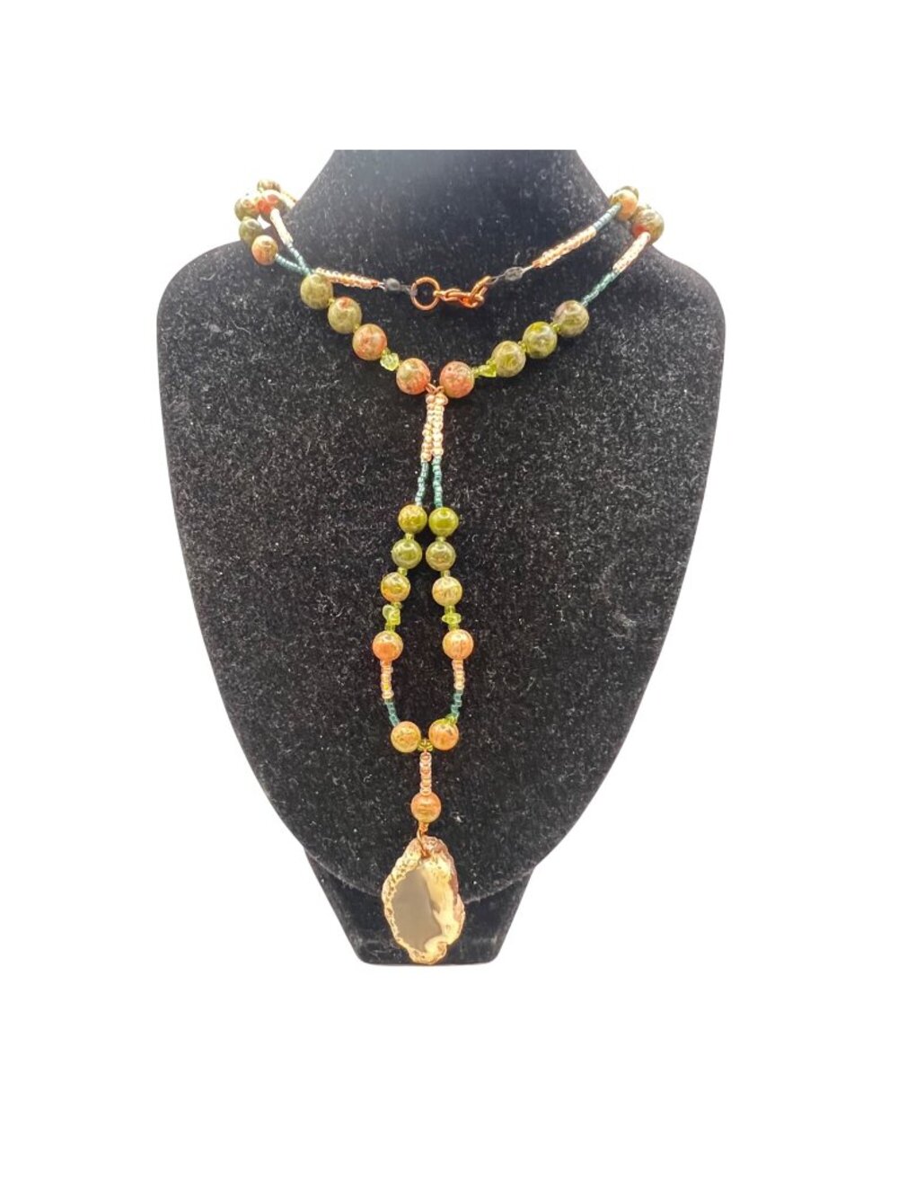 Unakite Bead Necklace Agate Slice Pendant Boho Statement 23" Natural Boho Art